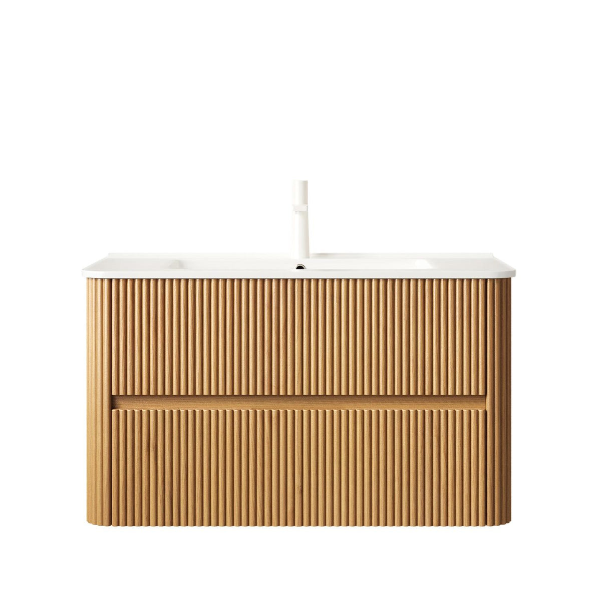 36" Brown Wood Floating Bathroom Vanity With White Sink And Two Drawers - HomeRoots - Flyclothing LLC