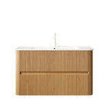 36" Brown Wood Floating Bathroom Vanity With White Sink And Two Drawers - HomeRoots - Flyclothing LLC