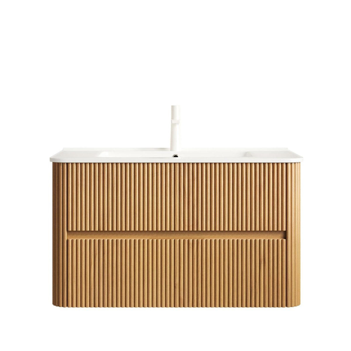 36" Brown Wood Floating Bathroom Vanity With White Sink And Two Drawers - HomeRoots - Flyclothing LLC