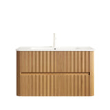 36" Brown Wood Floating Bathroom Vanity With White Sink And Two Drawers - HomeRoots - Flyclothing LLC