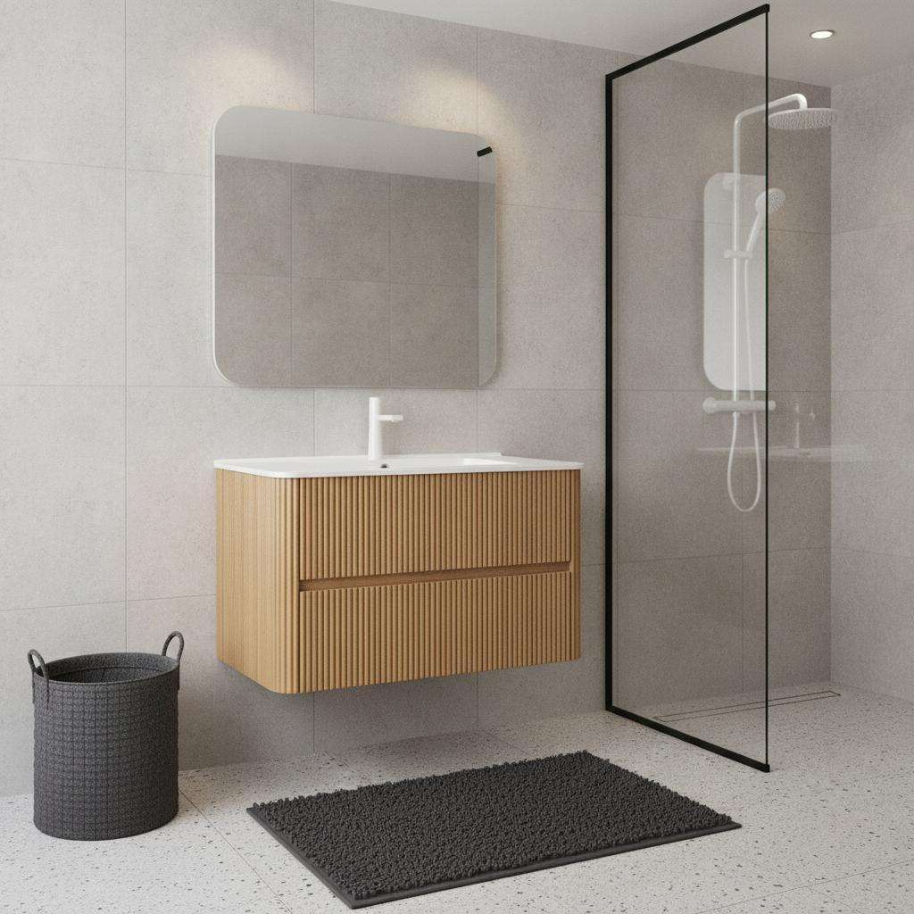36" Brown Wood Floating Bathroom Vanity With White Sink And Two Drawers - HomeRoots - Flyclothing LLC