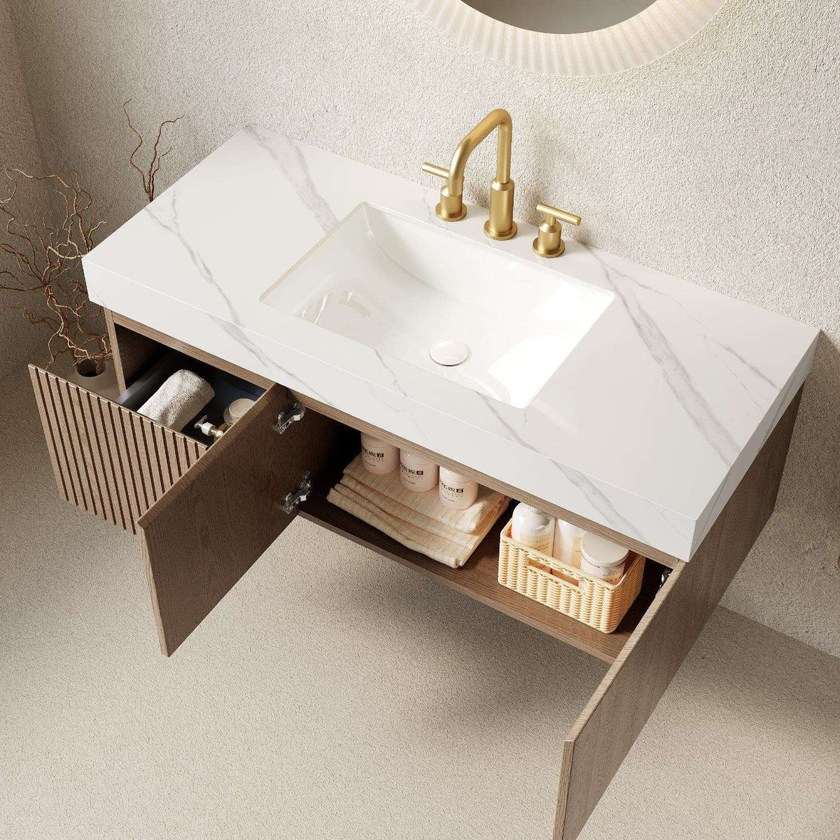 48" Brown Wood Floating Double Door Bathroom Vanity With White Sink - HomeRoots - Flyclothing LLC