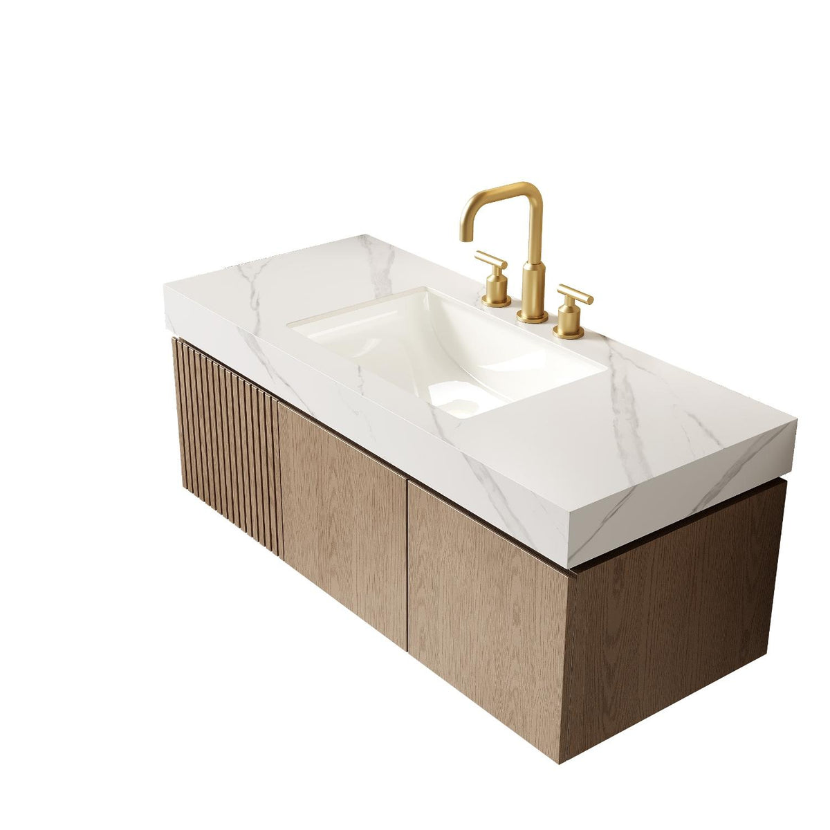 48" Brown Wood Floating Double Door Bathroom Vanity With White Sink - HomeRoots - Flyclothing LLC