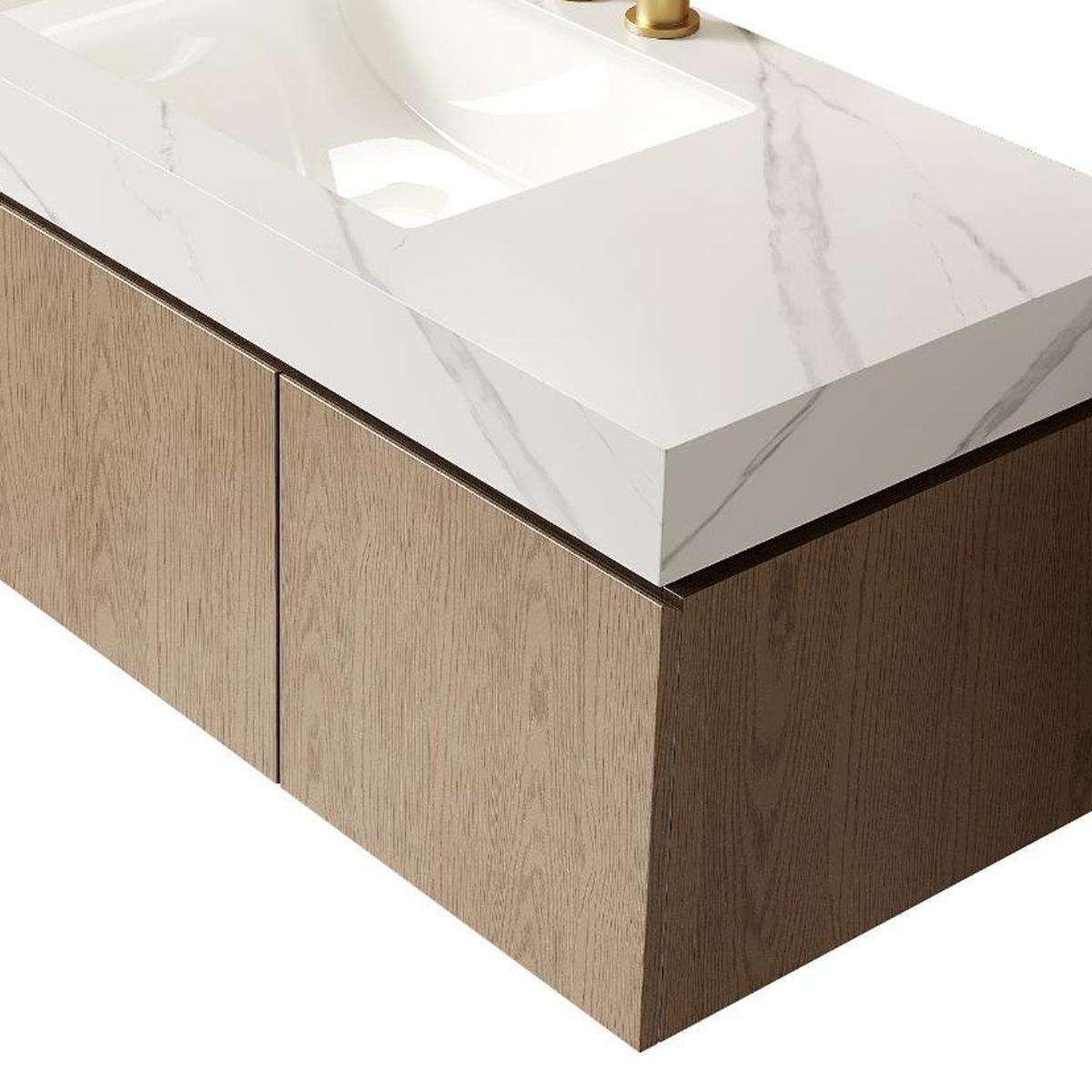 48" Brown Wood Floating Double Door Bathroom Vanity With White Sink - HomeRoots - Flyclothing LLC