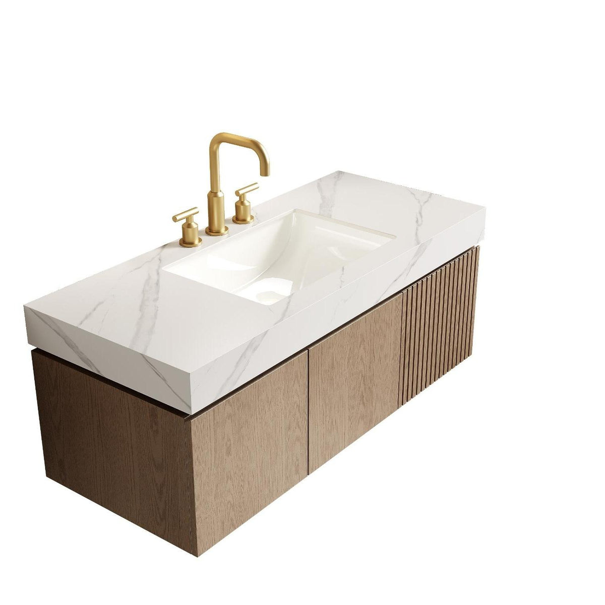 48" Brown Wood Floating Double Door Bathroom Vanity With White Sink - HomeRoots - Flyclothing LLC
