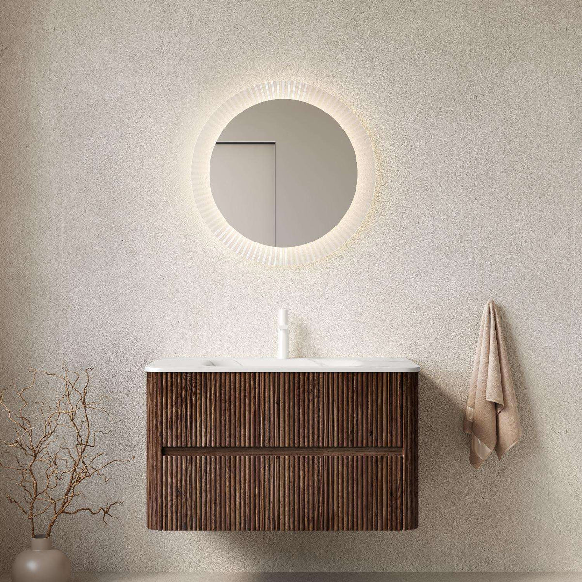 36" Brown Wood Floating Bathroom Vanity With White Sink And Two Drawers - HomeRoots - Flyclothing LLC
