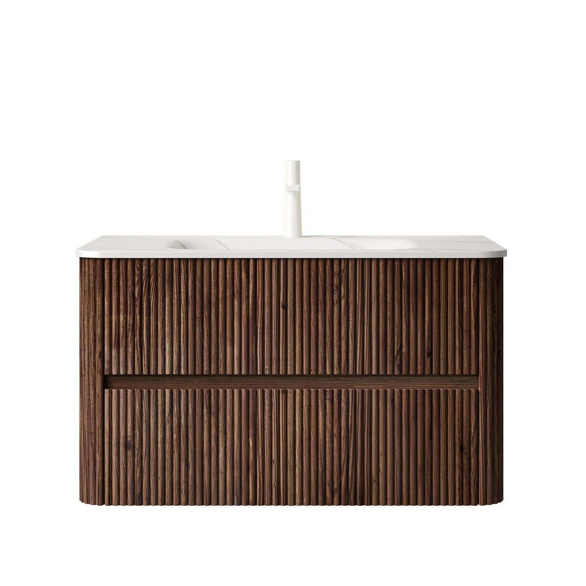 36" Brown Wood Floating Bathroom Vanity With White Sink And Two Drawers - HomeRoots - Flyclothing LLC