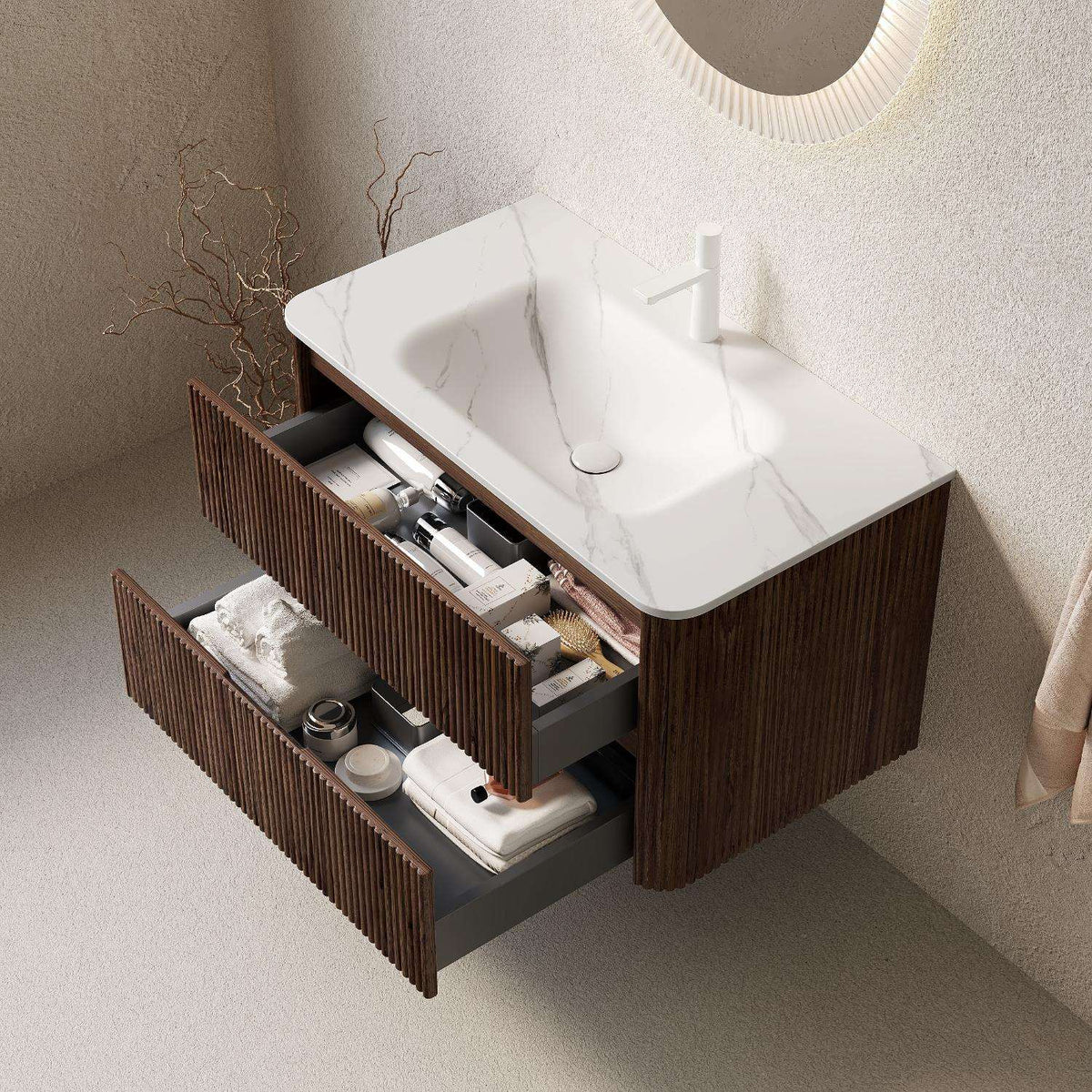 36" Brown Wood Floating Bathroom Vanity With White Sink And Two Drawers - HomeRoots - Flyclothing LLC