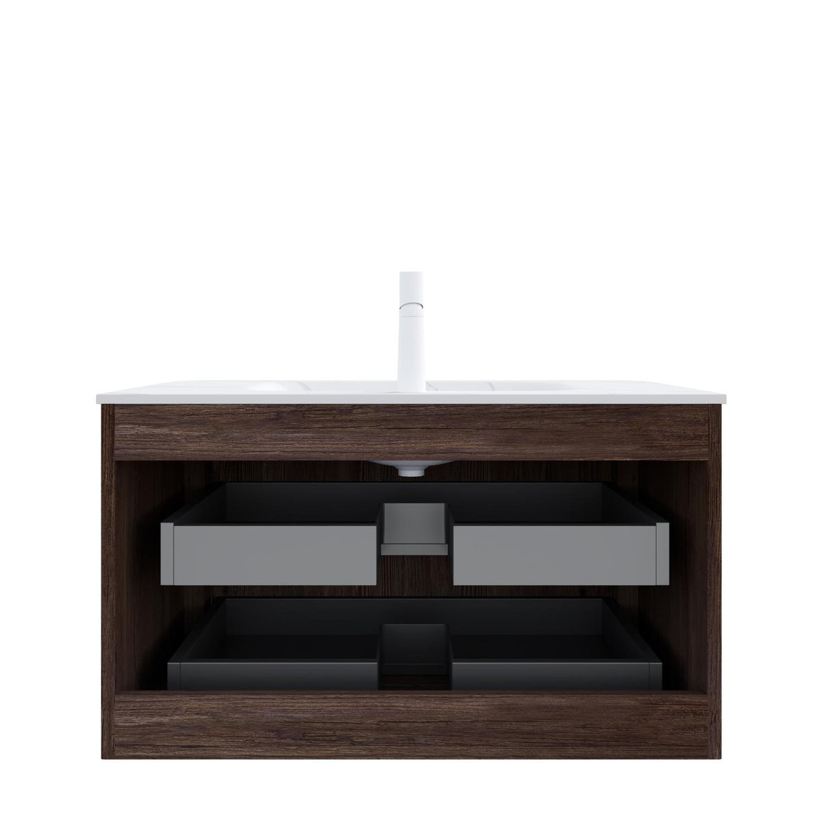 36" Brown Wood Floating Bathroom Vanity With White Sink And Two Drawers - HomeRoots - Flyclothing LLC