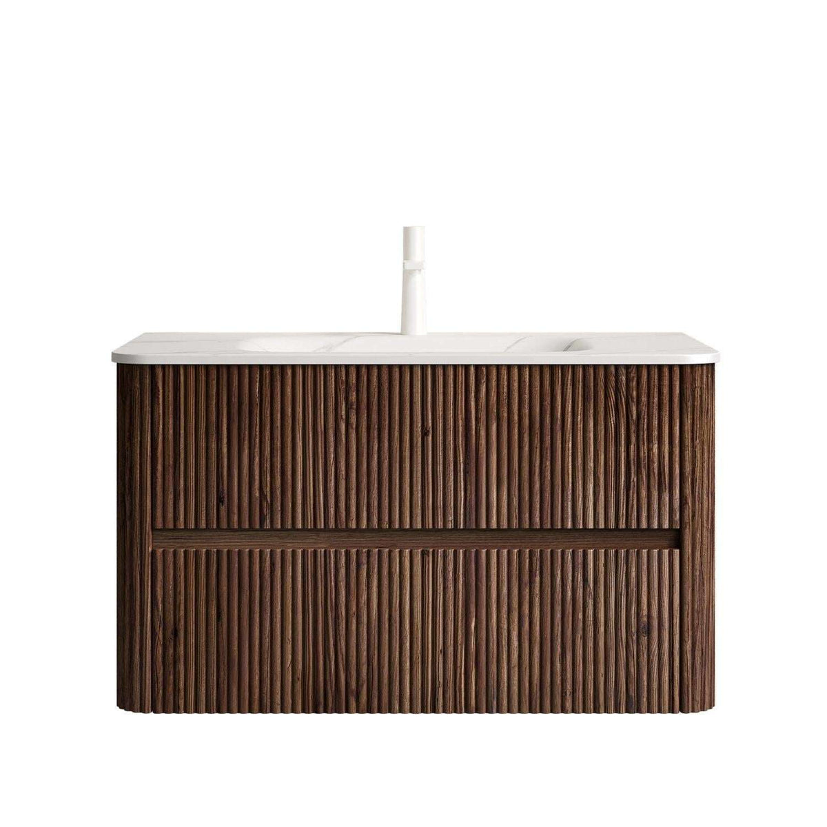 36" Brown Wood Floating Bathroom Vanity With White Sink And Two Drawers - HomeRoots - Flyclothing LLC