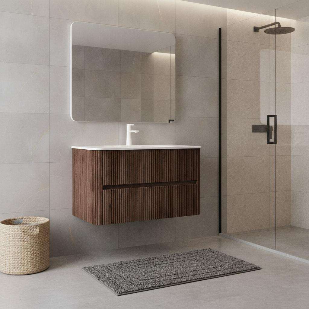 36" Brown Wood Floating Bathroom Vanity With White Sink And Two Drawers - HomeRoots - Flyclothing LLC