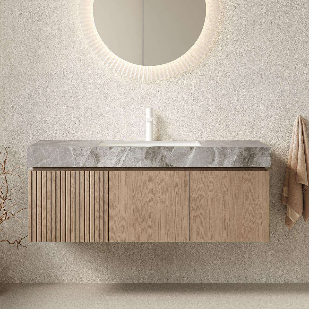 48" Brown Wood Floating Double Door Bathroom Vanity With White Sink - HomeRoots - Flyclothing LLC