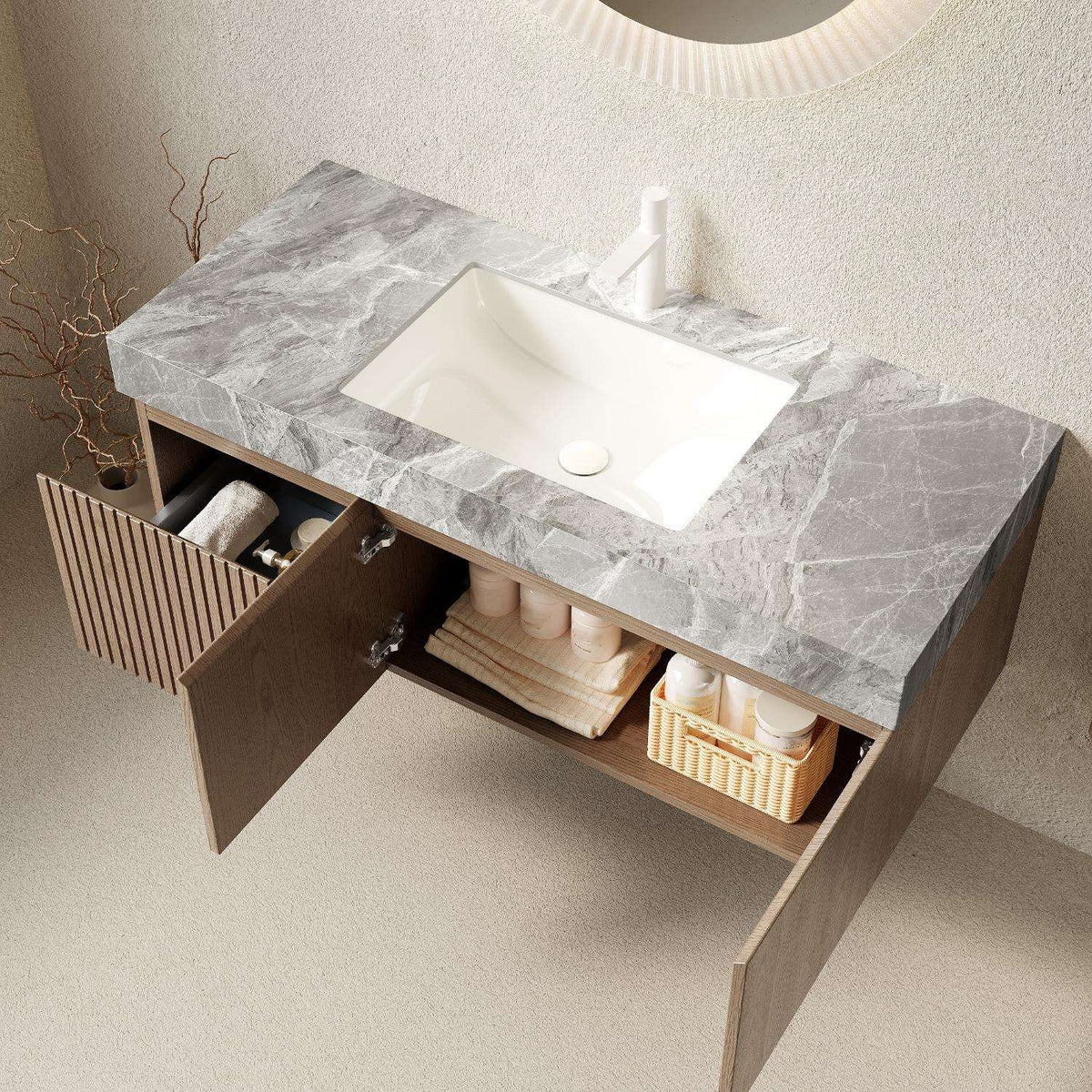 48" Brown Wood Floating Double Door Bathroom Vanity With White Sink - HomeRoots - Flyclothing LLC