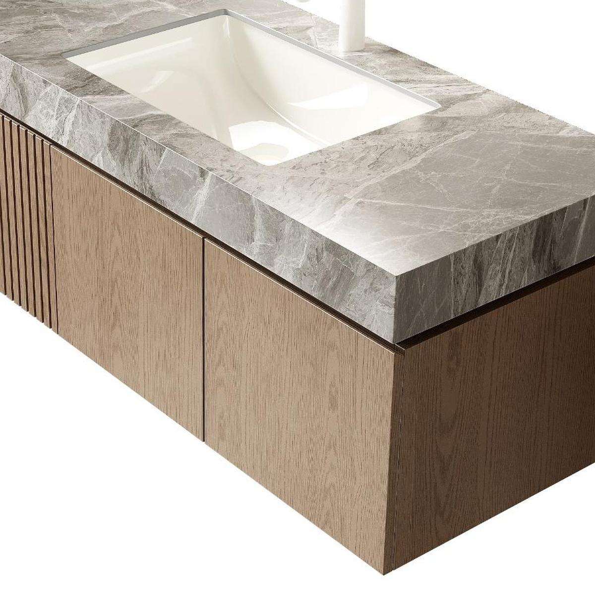 48" Brown Wood Floating Double Door Bathroom Vanity With White Sink - HomeRoots - Flyclothing LLC