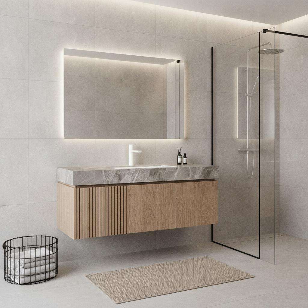 48" Brown Wood Floating Double Door Bathroom Vanity With White Sink - HomeRoots - Flyclothing LLC