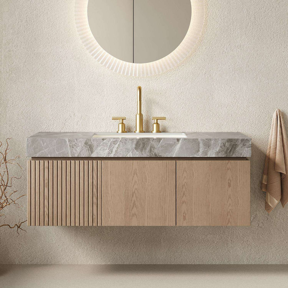 48" Brown Wood Floating Double Door Bathroom Vanity With White Sink - HomeRoots - Flyclothing LLC