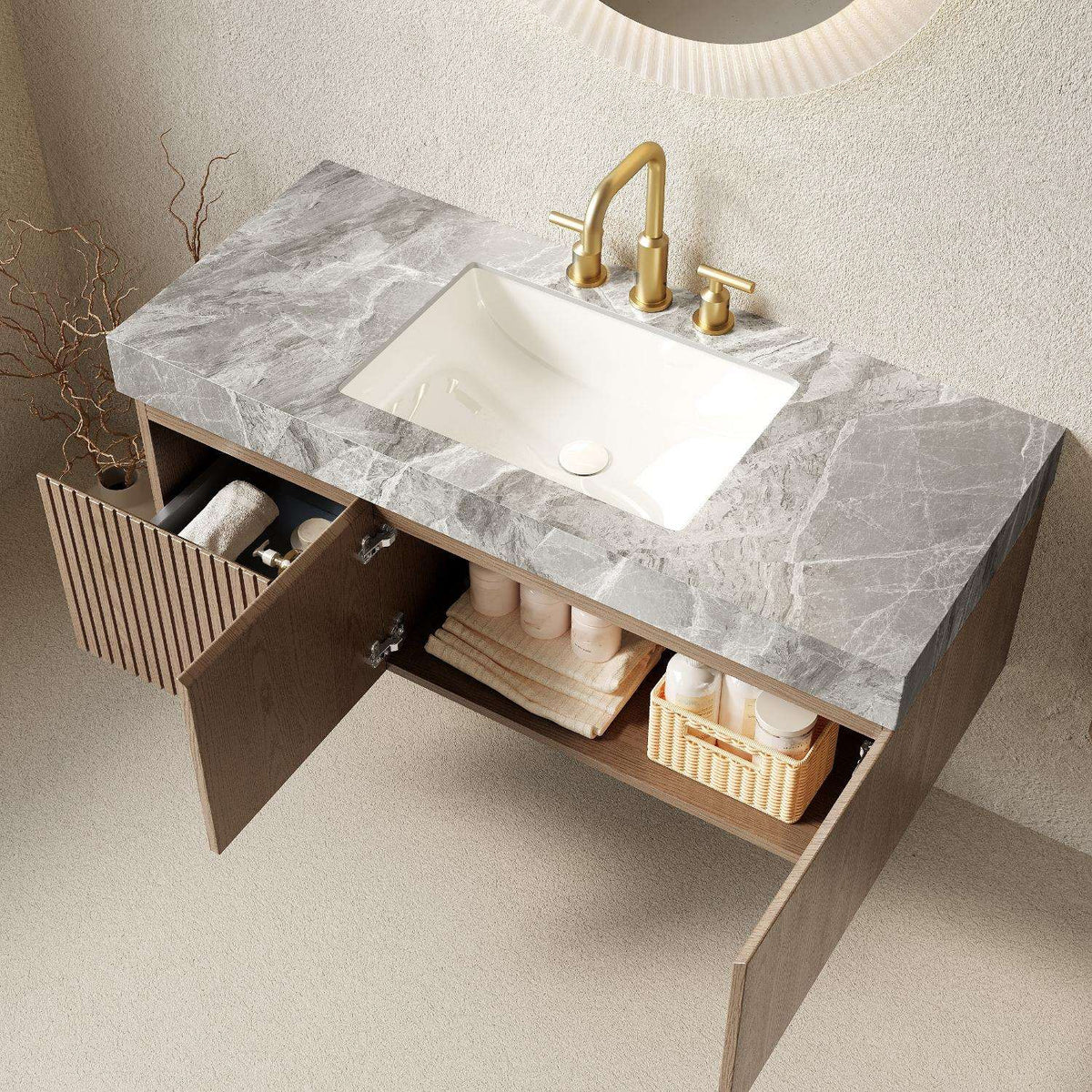48" Brown Wood Floating Double Door Bathroom Vanity With White Sink - HomeRoots - Flyclothing LLC
