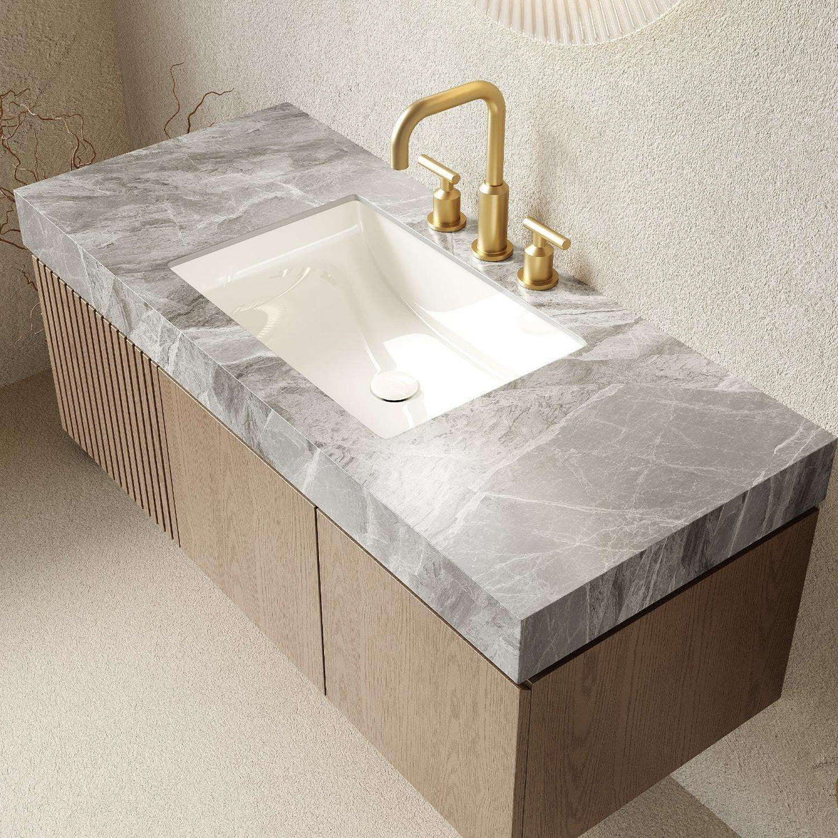 48" Brown Wood Floating Double Door Bathroom Vanity With White Sink - HomeRoots - Flyclothing LLC