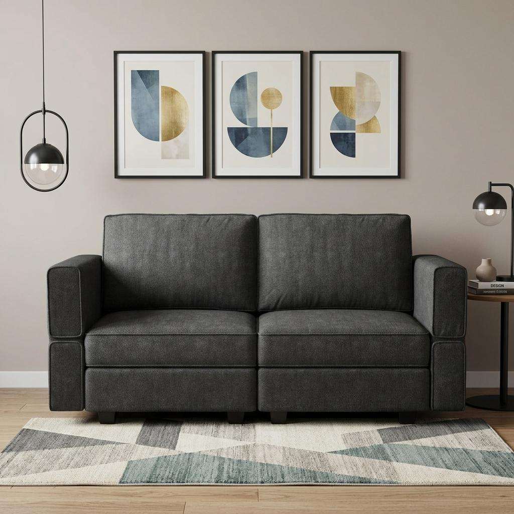 64" Dark Gray And Black Chenille Modular Loveseat With Storage - HomeRoots - Flyclothing LLC