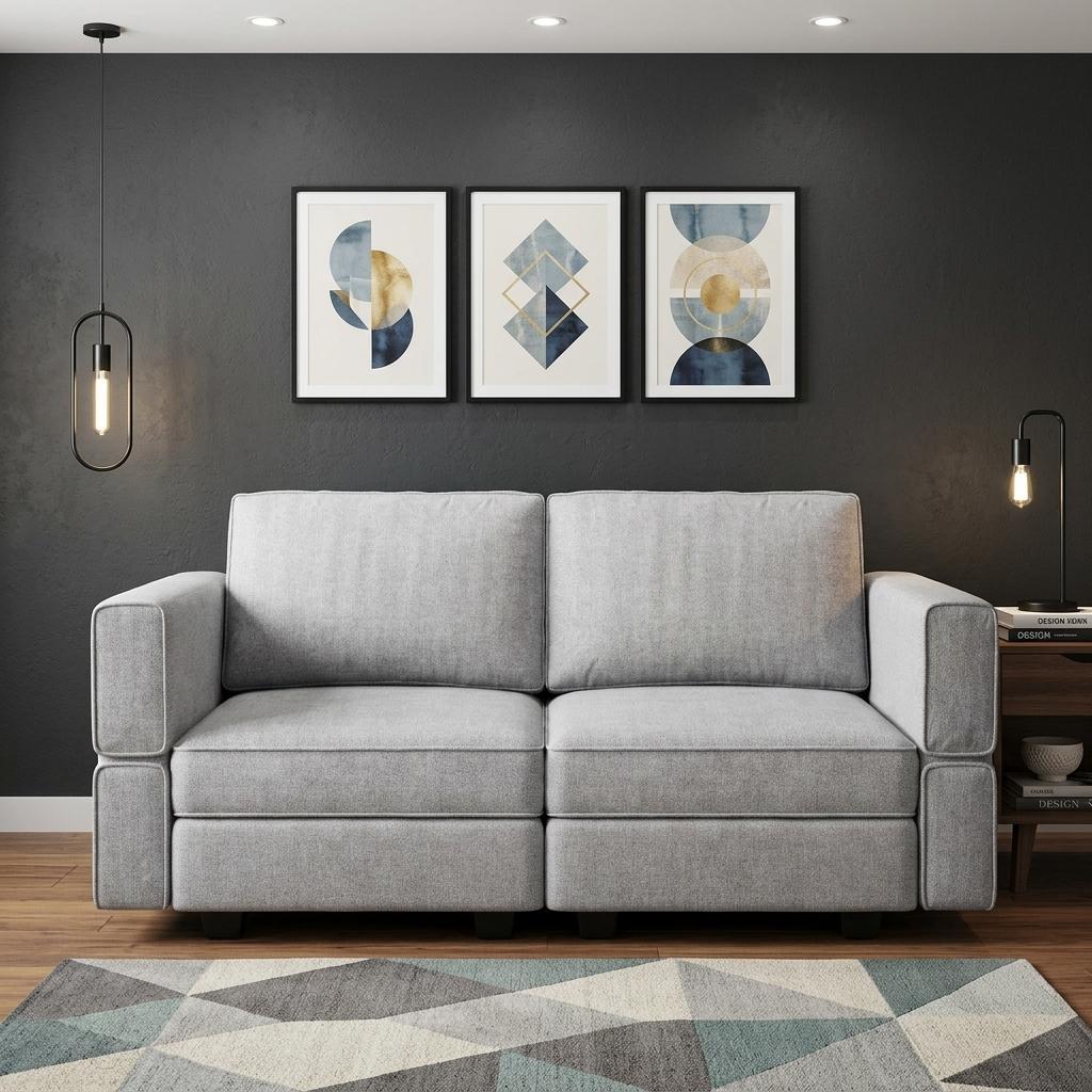 64" Light Gray And Black Chenille Modular Loveseat With Storage