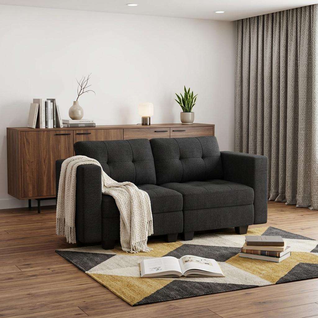 64" Dark Gray And Black Linen Blend Modular Loveseat With Storage - HomeRoots - Flyclothing LLC