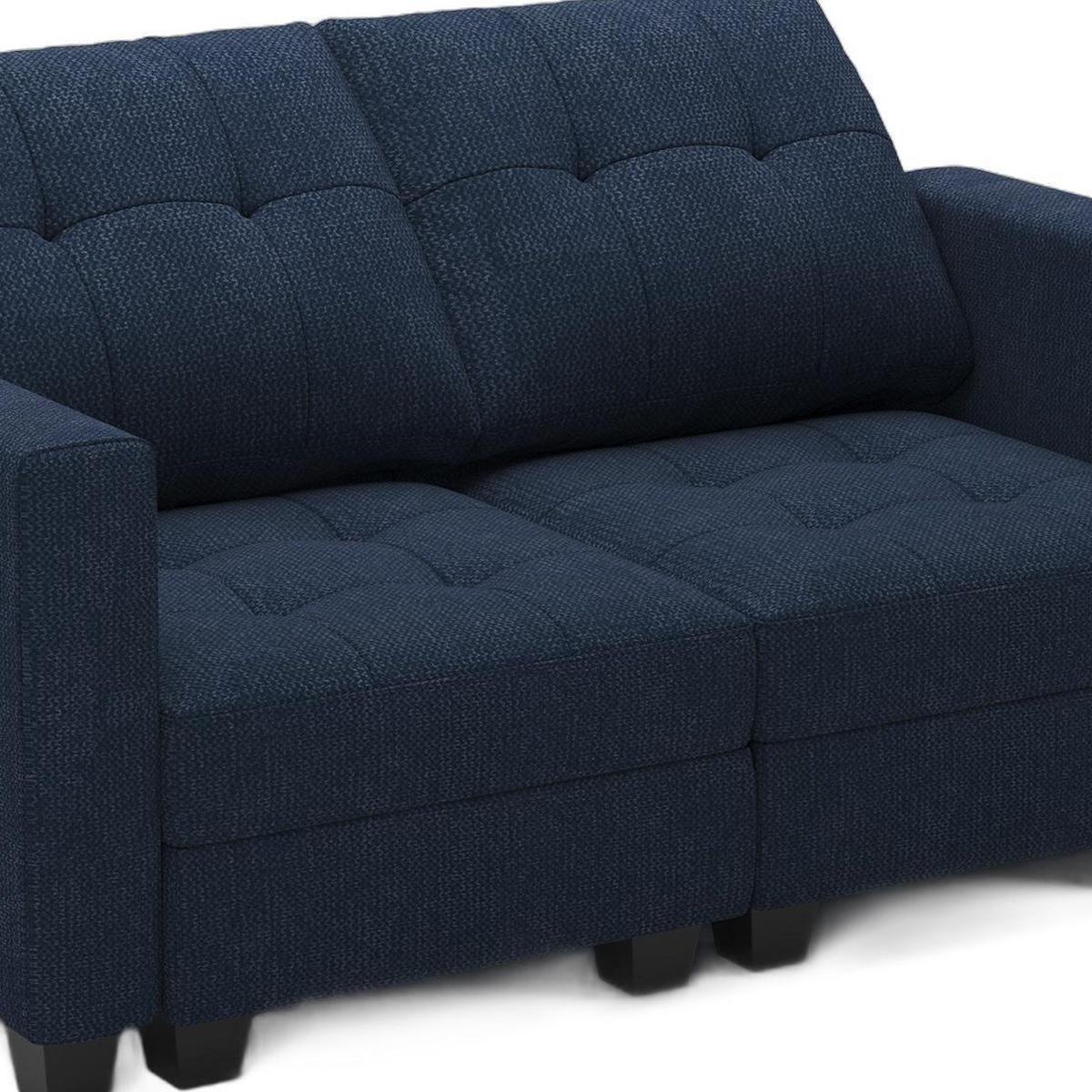 64" Blue And Black Linen Blend Modular Loveseat With Storage and Toss Pillows - HomeRoots - Flyclothing LLC