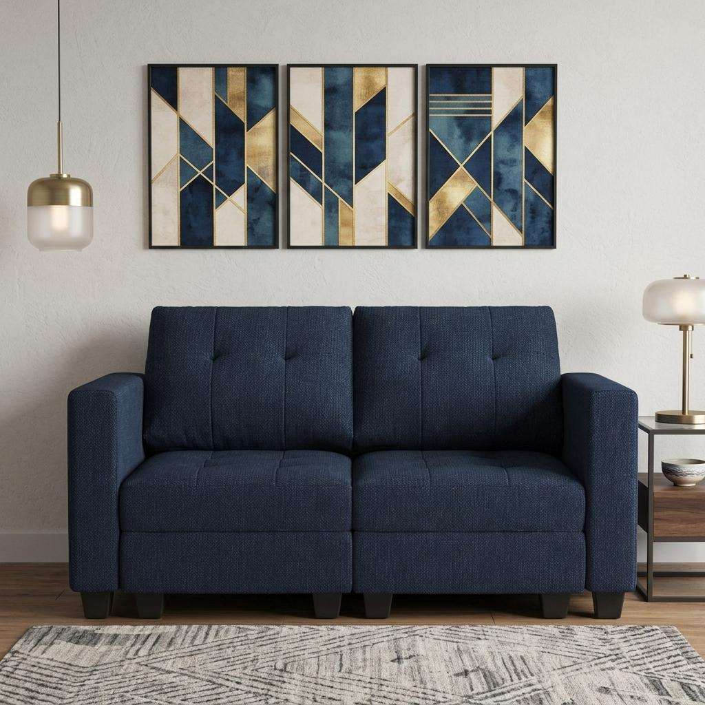 64" Blue And Black Linen Blend Modular Loveseat With Storage and Toss Pillows - HomeRoots - Flyclothing LLC
