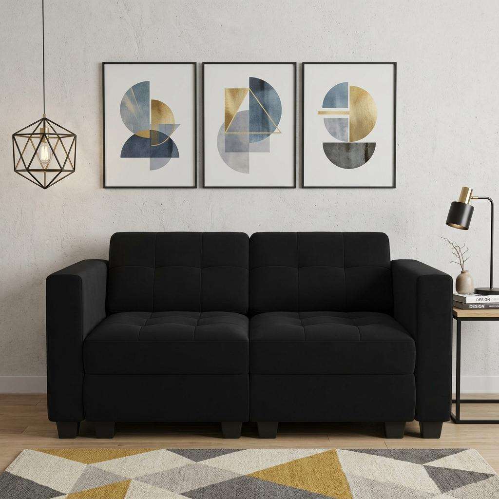 64" Black Velvet Modular Loveseat With Storage - HomeRoots - Flyclothing LLC
