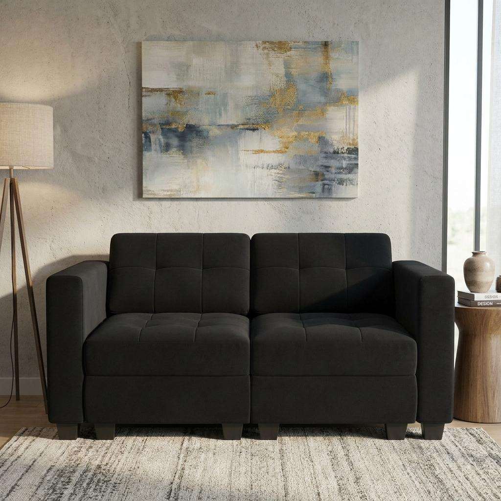 64" Black Velvet Modular Loveseat With Storage - HomeRoots - Flyclothing LLC