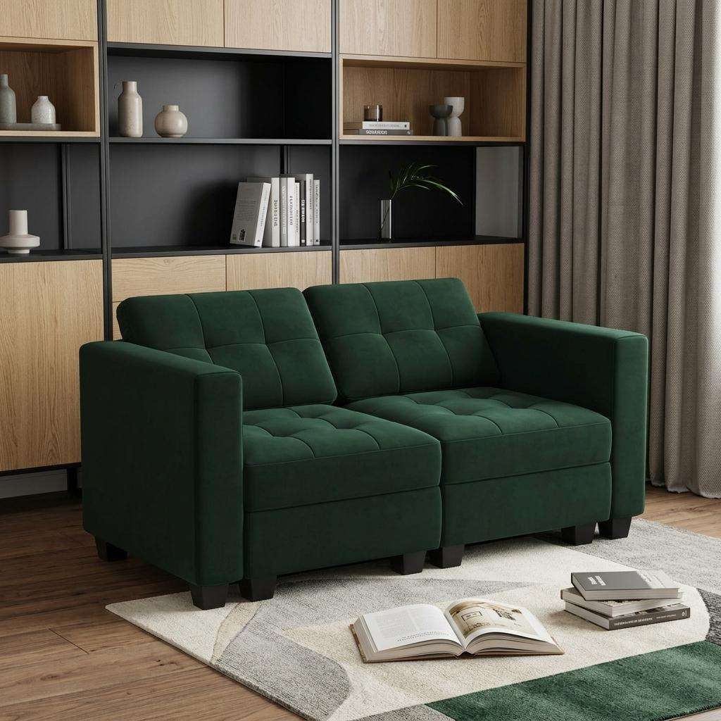 64" Green And Black Velvet Loveseat With Storage and Toss Pillows - HomeRoots - Flyclothing LLC