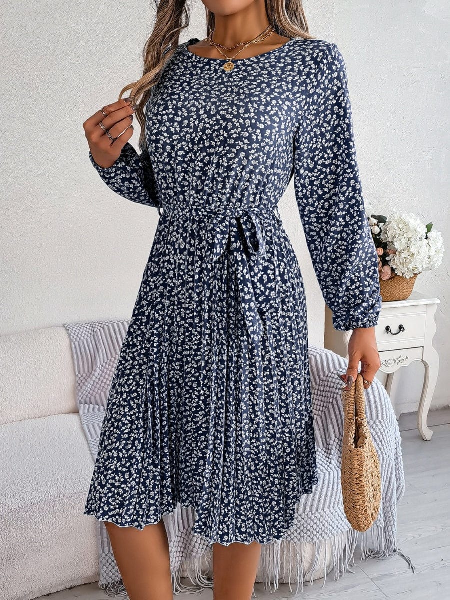 Ditsy Floral Tie Waist Pleated Dress - Trendsi
