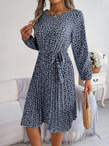 Ditsy Floral Tie Waist Pleated Dress - Trendsi - Flyclothing LLC