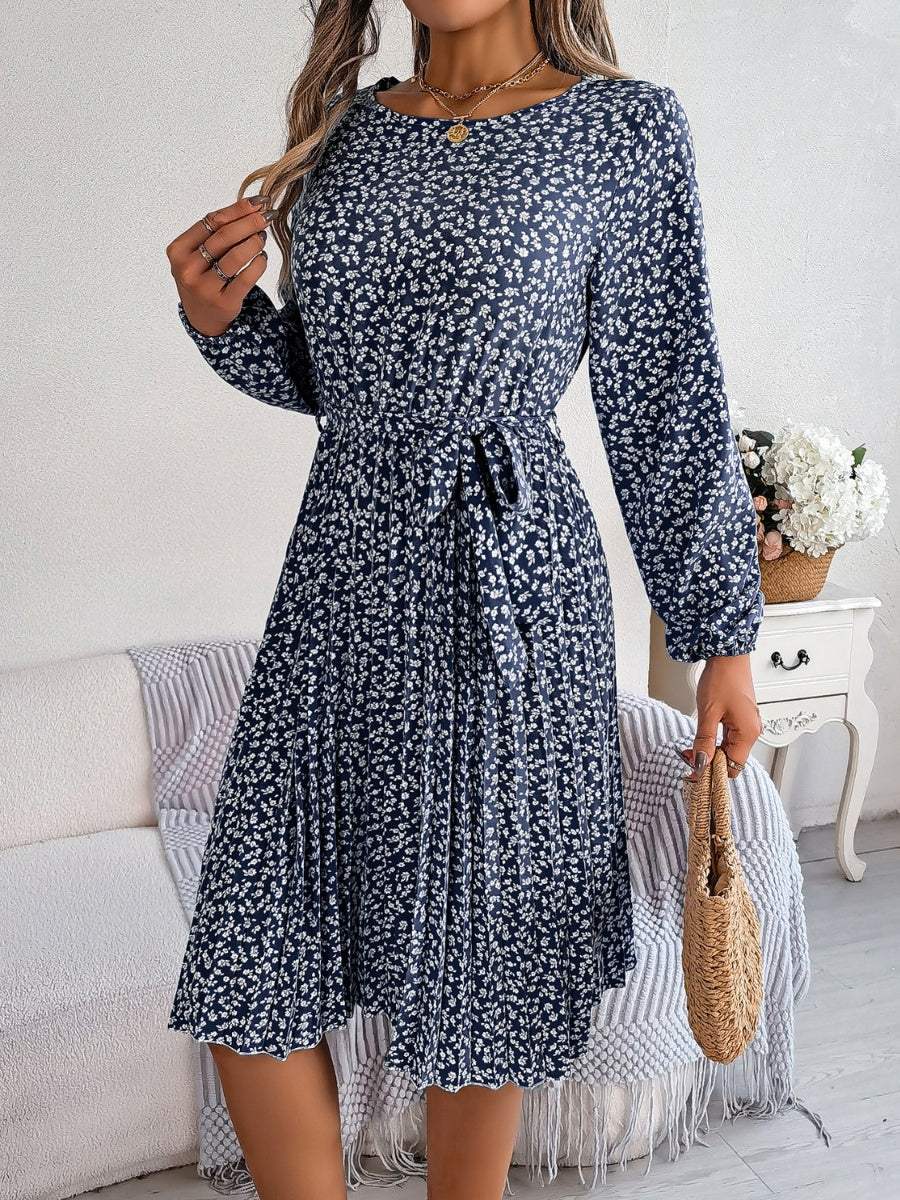 Ditsy Floral Tie Waist Pleated Dress - Trendsi - Flyclothing LLC