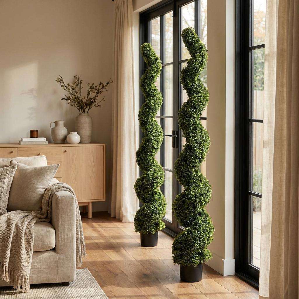 Set of Two 72" Green Artificial Boxwood Tree In Round Black Planter - HomeRoots - Flyclothing LLC