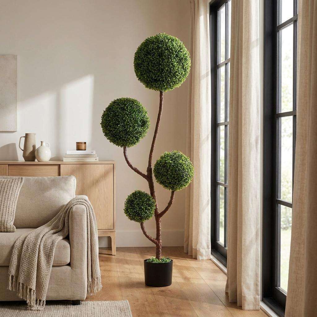 60" Green Artificial Boxwood Tree In Round Black Planter - HomeRoots - Flyclothing LLC