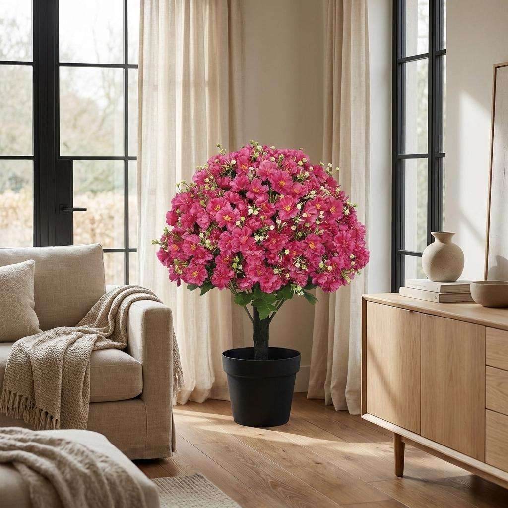 Set of Two 24" Red Artificial Flowering Tree In Round Black Pot - HomeRoots - Flyclothing LLC