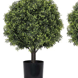 Set of Two 22" Green Artificial Boxwood Tree In Round Black Pot - HomeRoots - Flyclothing LLC