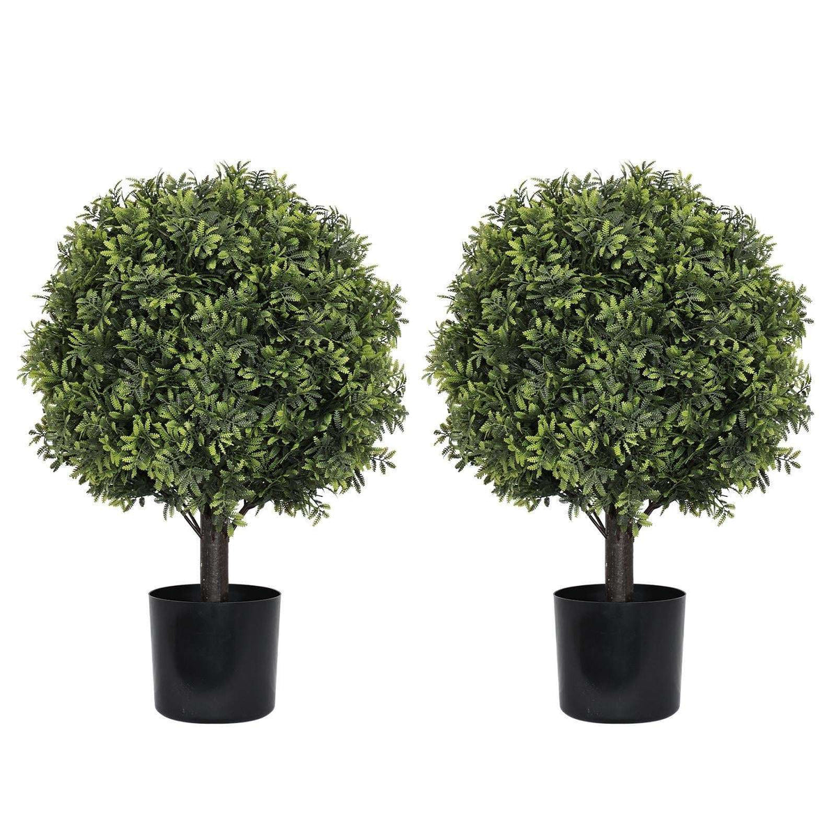 Set of Two 22" Green Artificial Boxwood Tree In Round Black Pot - HomeRoots - Flyclothing LLC