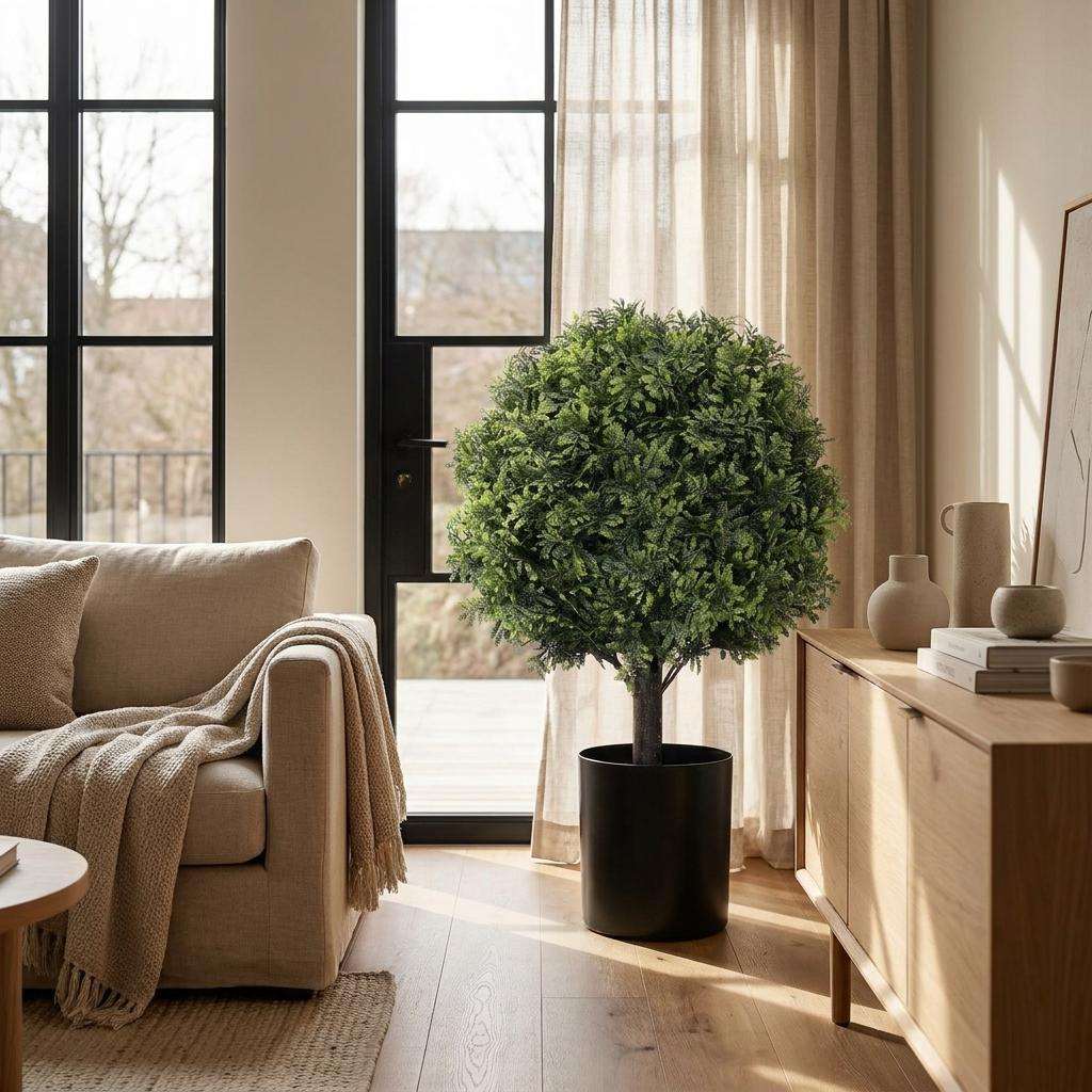 Set of Two 22" Green Artificial Boxwood Tree In Round Black Pot - HomeRoots - Flyclothing LLC