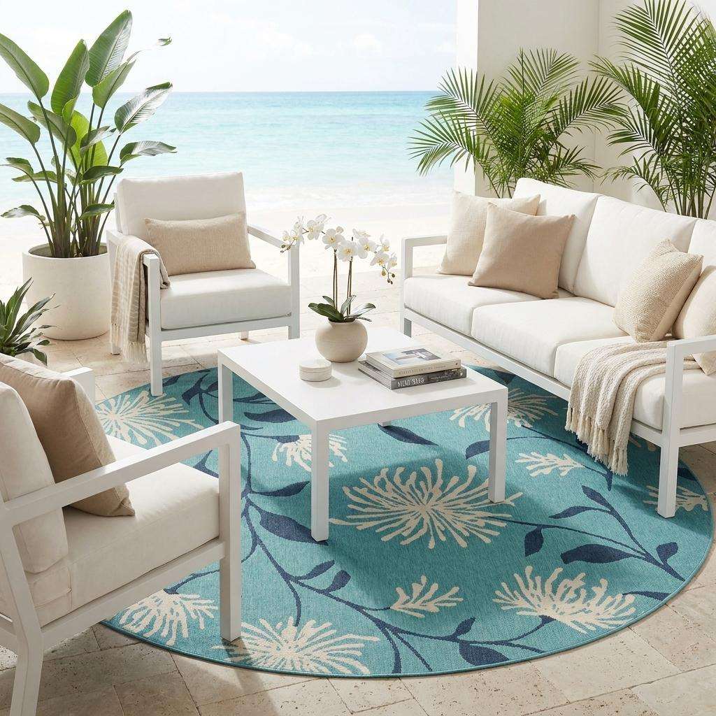 8' Blue Ivory Navy Blue And Teal Blue Round Floral Indoor Outdoor Area Rug - HomeRoots - Flyclothing LLC