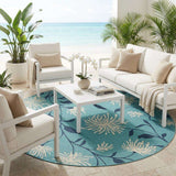 8' Blue Ivory Navy Blue And Teal Blue Round Floral Indoor Outdoor Area Rug - HomeRoots - Flyclothing LLC
