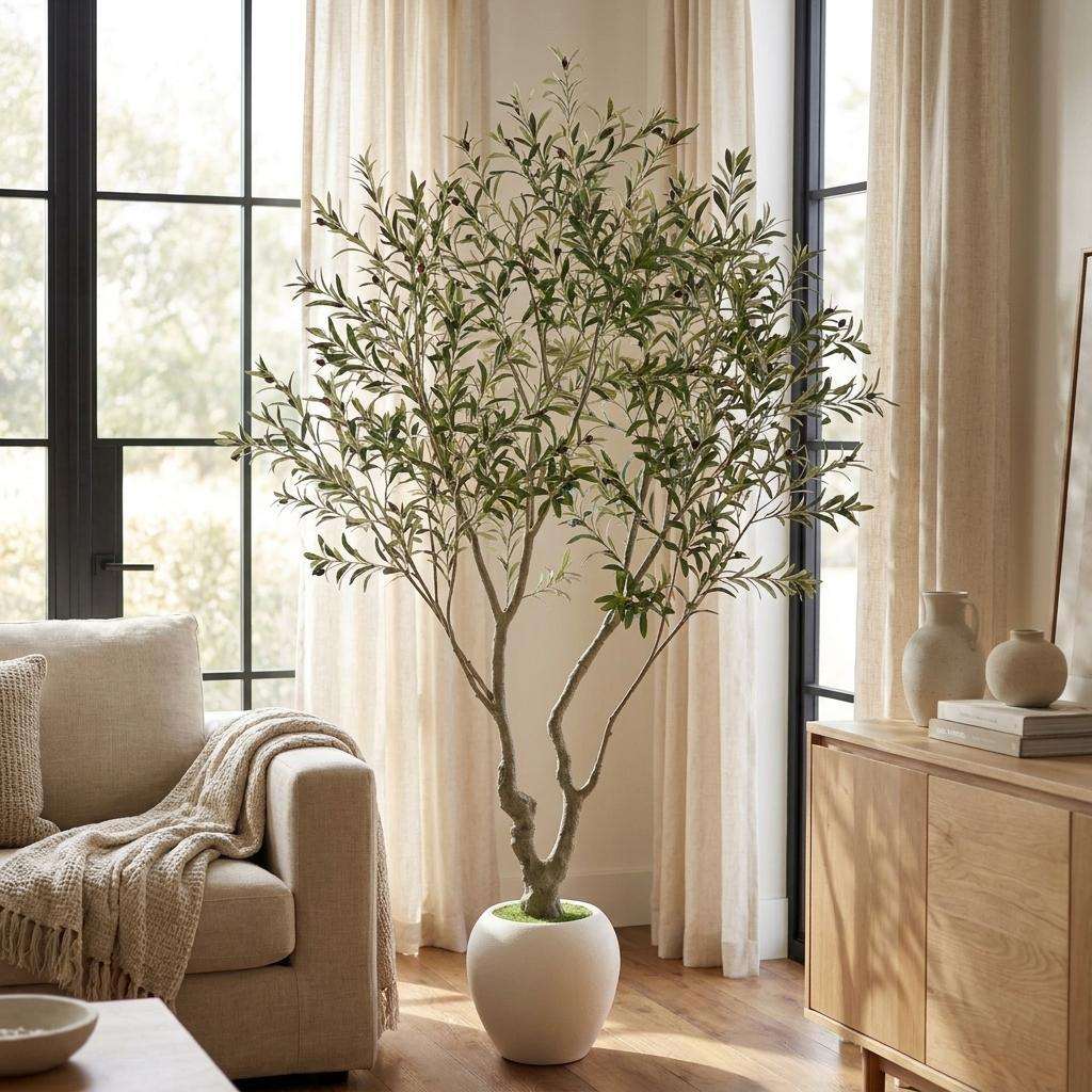 96" Green Artificial Olive Tree In Round White Pot - HomeRoots - Flyclothing LLC