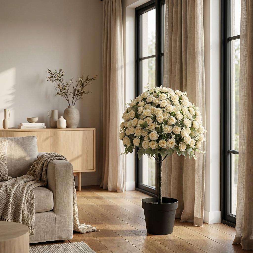 Set of Two 24" White Artificial Flowering Tree In Round Black Pot - HomeRoots - Flyclothing LLC