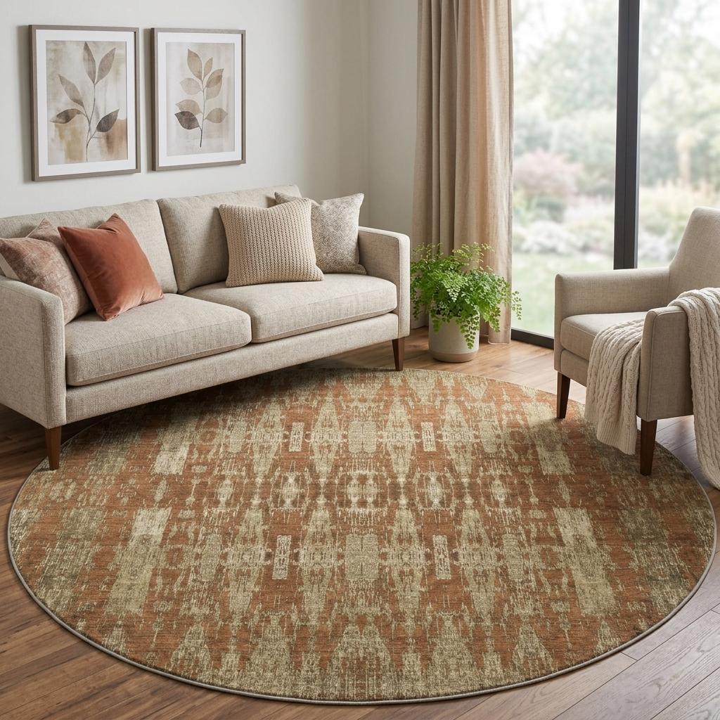 8' Orange And Taupe Moroccan Shag Washable Round Rug With UV Protection - HomeRoots - Flyclothing LLC