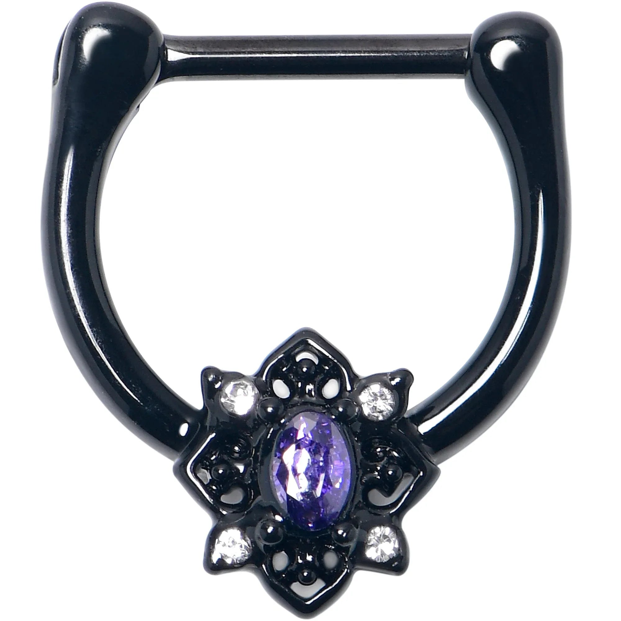 16G 5/16 Purple Gem Black Scrolling Hearts Cartilage Clicker - BodyCandy - Flyclothing LLC