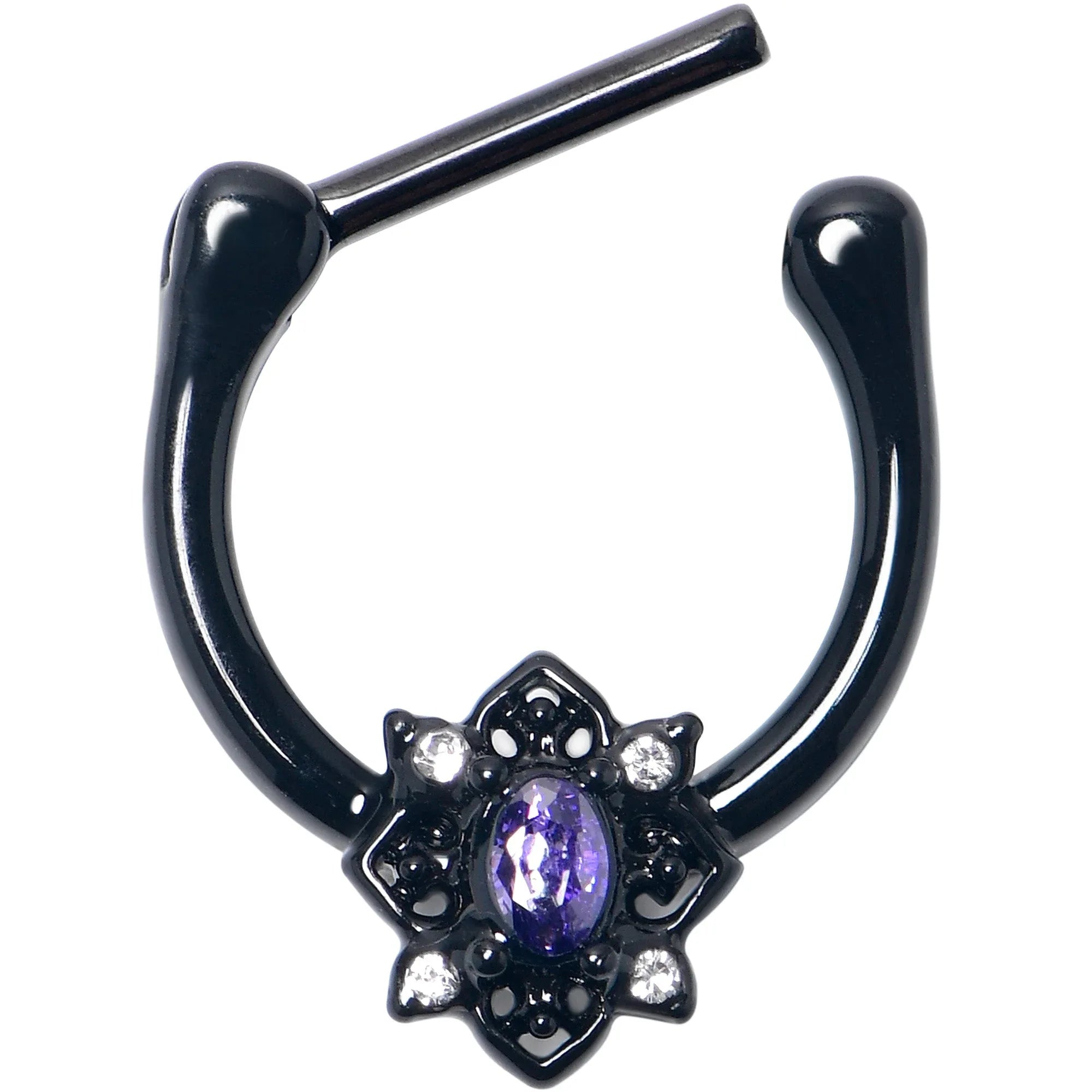 16G 5/16 Purple Gem Black Scrolling Hearts Cartilage Clicker - BodyCandy - Flyclothing LLC