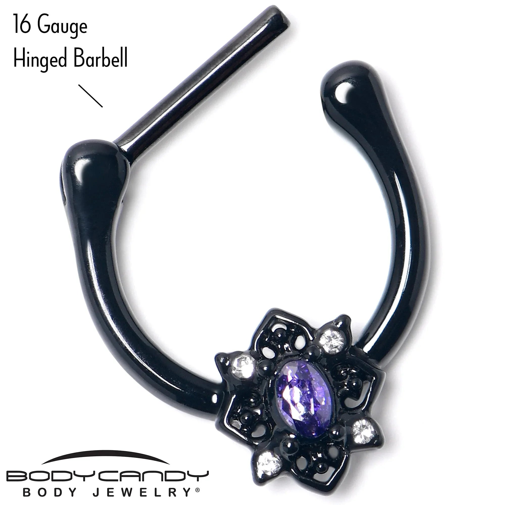 16G 5/16 Purple Gem Black Scrolling Hearts Cartilage Clicker - BodyCandy - Flyclothing LLC