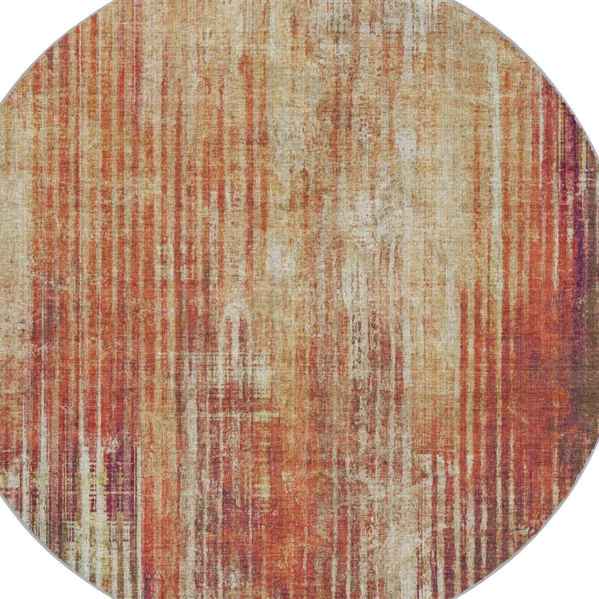 8' Orange And Beige Striped Shag Washable Round Rug With UV Protection - HomeRoots - Flyclothing LLC