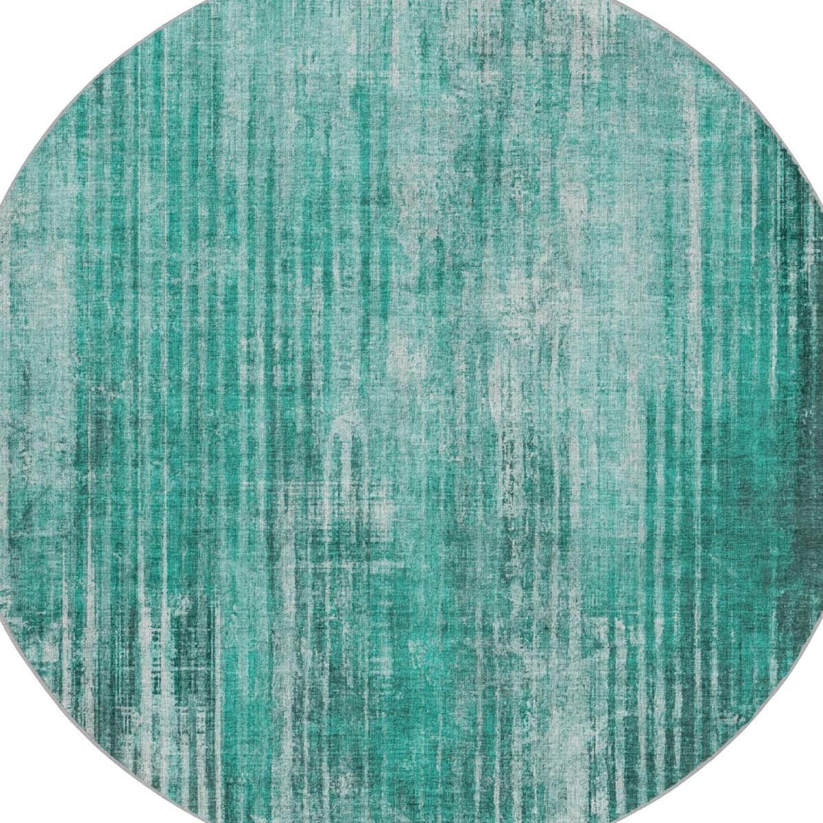 8' Teal And Aqua Striped Shag Washable Round Rug With UV Protection - HomeRoots - Flyclothing LLC