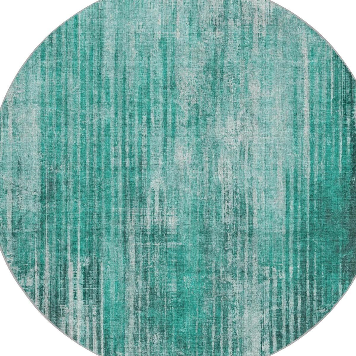 8' Teal And Aqua Striped Shag Washable Round Rug With UV Protection - HomeRoots - Flyclothing LLC